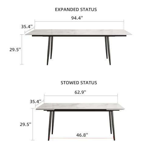 Extendable Dining Table (62.9" to 94.4") for 6 to 10 - Modern Rectangular Sintered Stone Table with High Hardness and Easy Maintenance - Stylish White
