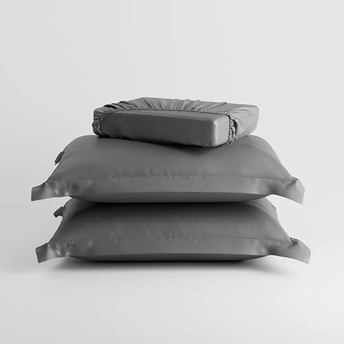 Image of Stoa Paris 350TC Luxstre Cotton Double Fitted Bedding Set with 2 Pillow Covers, All-Around Elastic Fitted Bedsheet 152cm x 198cm + 30cm Drop, All Season Comfort, Breathable, Panache - Grey