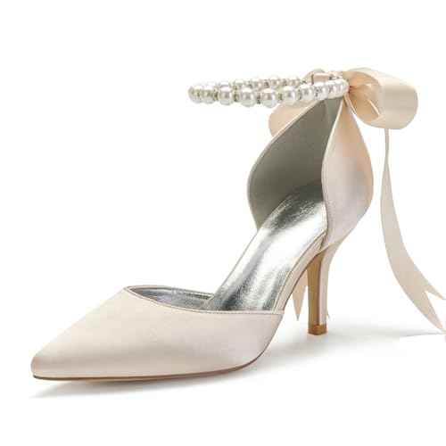 Image of Women's Pearl White Wedding Shoes for Bride High Heels Pointed Toe Bridal Shoes Satin Prom Party Dress Pumps Sandals