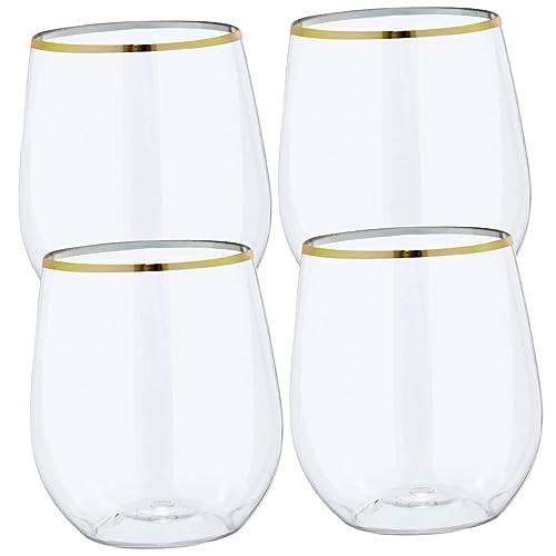 Ipetboom 4pcs Decorative Gold Rim Red Wine Glasses Disposable Drinking Cups for Parties Wedding and Bars
