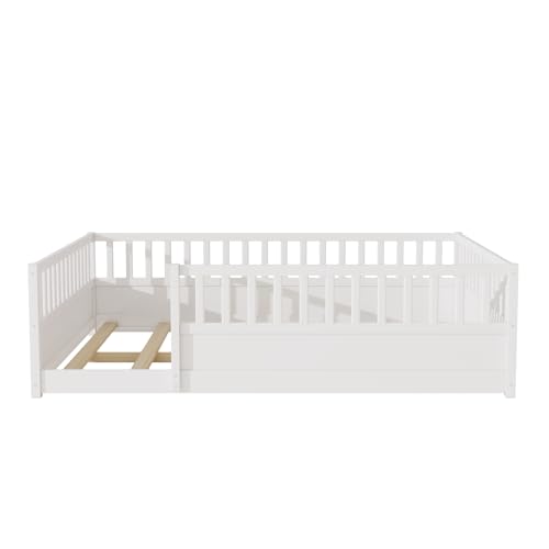 Image of Bellemave Queen Size Kids Montessori Floor Bed,Solid Wood Floor Bed Frame with High Fence and Door for Kids,Girls,Boys,White