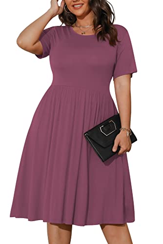 Image of POSESHE Womens Plus Size Summer Dress 2026 Casual Short Sleeve Empire Waist Loose Fit Swing T-Shirt Dress with Pockets