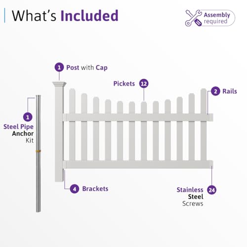 3.5ft H x 6ft W (1 Panel + 1 Post) No Dig WamBam All American Fence Kit, White Vinyl Picket Fence, Easy Install Outdoor Fence for Backyard or Patio, DIY Decorative Fencing, ZP19041