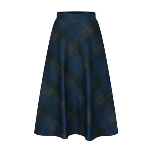Womens Plaid Wool Skirts Elastic Waist A-Line Pleated Tartan Long Skirts Winter Warm Flare Retro Woolen Maxi Skirts2