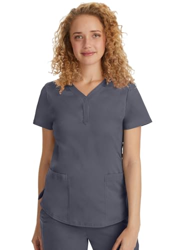 Healing Hands Jane Scrub Top for Women with Y-Neck, Pockets & Stretch 2167, M, Pewter