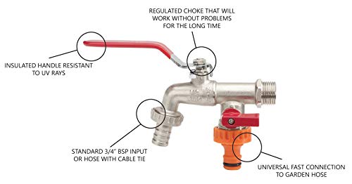 Dubbele Duo tuinkraan, kogelkraan, waterkraan, rode greep, 1/2" x 3/4" x 3/4" BSP - Image 4