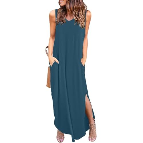 HUSKARY Women's Maxi Dresses V Neck Sleeveless Long Casual Dresses Loose Sundress with Pocket XX-Large Flower06