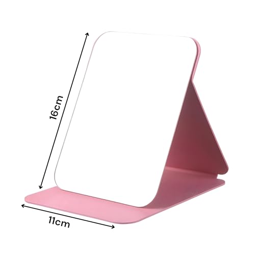 Image of Foldable Makeup Mirror with Stand Portable Travel Vanity Table Top Mirror for Women & Men | Rectangle 16x11cm PU Leather, Black, Adjustable & Compact (Pink)