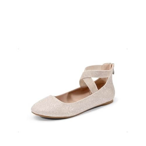 DREAM PAIRS Women's Comfortable Fashion Elastic Ankle Straps Flats Shoes Gold/Glitter 9.5