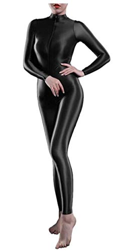Xinxin Woman's Sheer Shiny Bodystocking Lingerie High Neck Long Sleeve Zipper Crotch Bodysuit Catsuit (Black), Medium