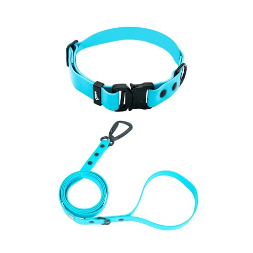 Image of Adil's Biothane Waterproof Dog Collar, Dog Leash & Collar Leash Combo | Heavy Duty TPU Coated Webbing | Adjustable Quick Release Buckle | Odour Resistant (Light Sky, L-22, Collar & Leash Combo)