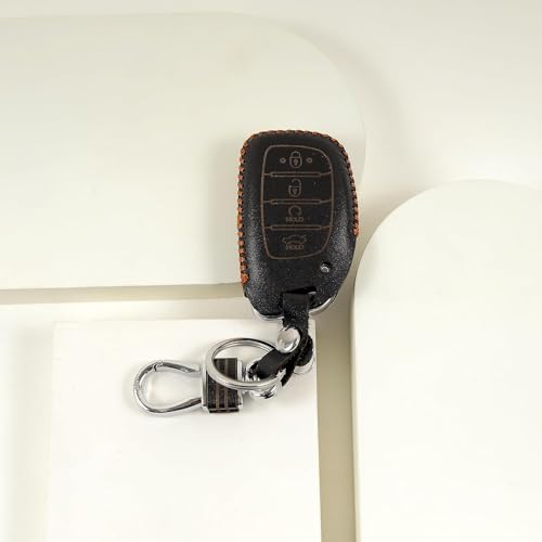 Image of Leather Smart Car Key Cover Case with Key Chain for Tucson, I-20 (2021), Creta, Venue, Elantra (Black)
