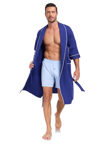 COLORFULLEAF 100% Cotton Men's Bathrobes for Summer Comfort Lightweight Breathable Short Sleeve Kimono Robe with pockets4