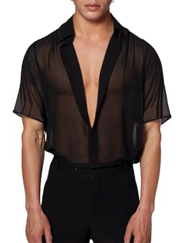 Men's Mesh Sheer Solid Short Sleeve Collar Button Front Party Shirt Tops