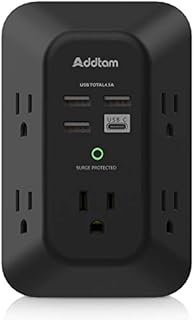 USB Wall Charger Surge Protector - Addtam 5 Outlet Extender with 4 USB Charging Ports ( 1 USB C), 3-Sided 1800J Power Strip Multi Plug Outlets Adapter Widely Spaced,Black