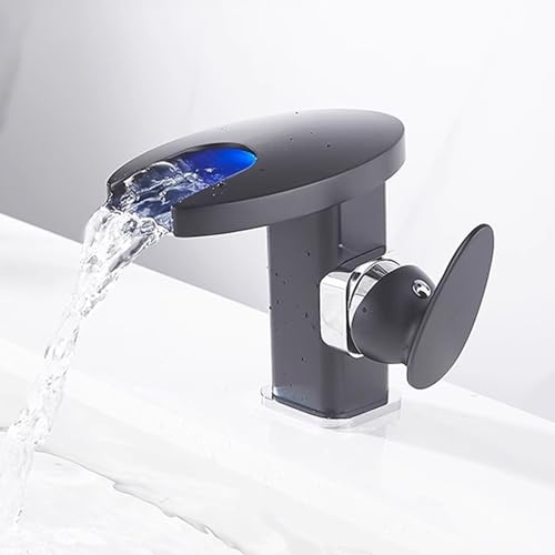 Grifo de lavabo de baño con boquilla de cascada de luz LED que cambia de 3 colores, material de latón, hidropotencia, diseño de un agujero para cocina, lavandería húmeda y cámper