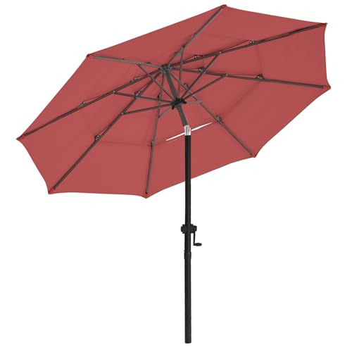 wikiwiki 9 FT Patio Umbrellas 3-Tiers Outdoor Table Market Umbrella with Push Button Tilt/Crank, Fade Resistant Waterproof POLYESTER DTY Canopy for Garden, Lawn, Deck, Backyard & Pool, Burgundy