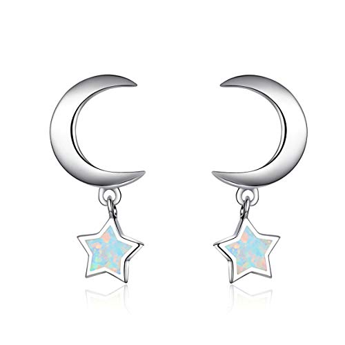 Hypoallergenic Opal Moon Star Stud Earrings for Women Girls, VOROCO Sterling Silver Cartilage Earring Minimalist Small White Gold Plated Tiny Ear Studs (Moon&Dangle Star)