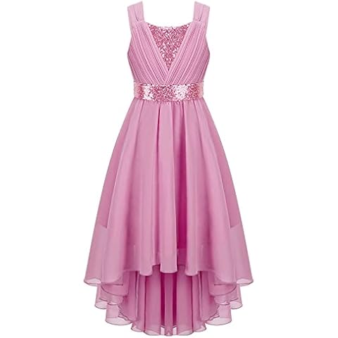 IEFIEL Vestido de Princesa Fiesta para Niña Vestido de Gasa Plisada con Lentejuelas Brillante Rosa Cover