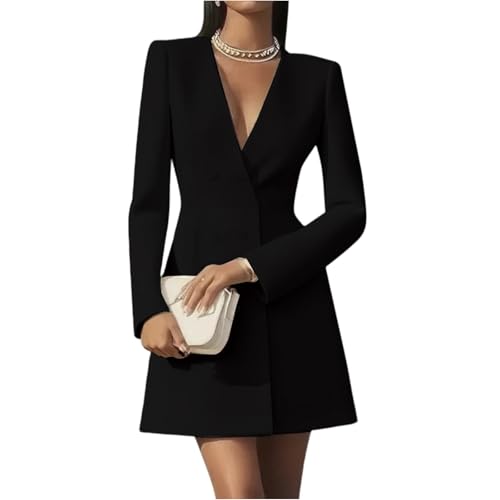 Kleid Damen Elegant Festlich Blazerkleid Etuikleid Für Hochzeit Langarm Abendkleid Kurz A Linie Business Kleider Zweireihig Cocktailkleid Hochzeitsgast V Ausschnitt Herbstkleid Frauen Büro