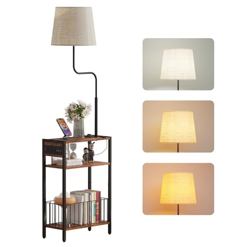 HavenlyYouth Floor Lamp with Table & Storage Baskets End Table with 3 Color Temperatures LED Bulb Nightstand with Charging Station Shelves Side Table for Living Room Bedroom Office - Brown