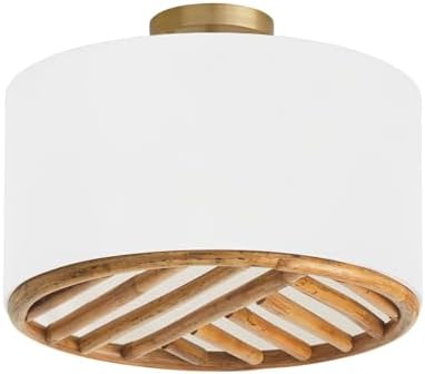 Capital Lighting 247431MA Soleil Modern Hand-Arranged Natural Bamboo and White Fabric Drum Convertible Pendant/Semi Flush, 3-Light 180 Total Watts, 14" H x 17" W, Matte Brass