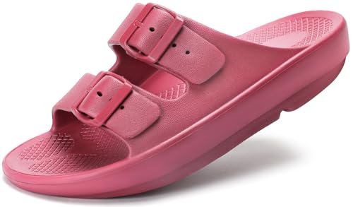 Kricely Women and Men Recovery Sandals Plantar Fasciitis Arch Support Orthotic Slides Adjustable Double Buckle Thick Sole Slippers（Red Women 8-9 Men 7-8）