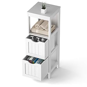 LIFEZEAL Badkamermeubel met 2 afneembare laden, kleine houten kolomkast, kast op voet met open plank, 30 x 30 x 90 cm (wit)