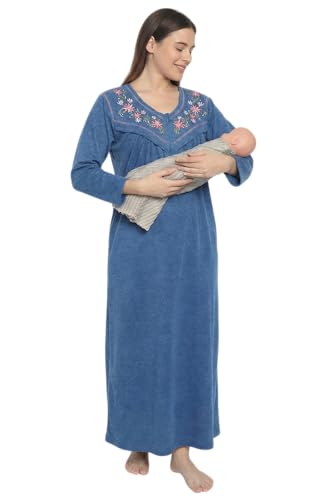 Image of Noty Women's Maternity - Feeding - Nighty | Full Sleeves | Floral Print Maxi | Embroidery Work On Neck with Zip Closure