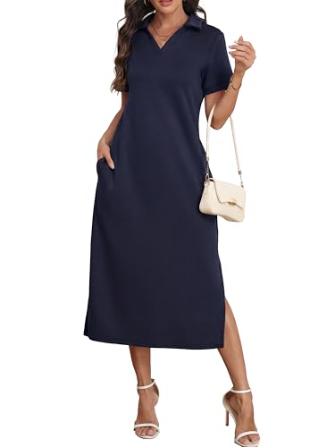 Image of GRECERELLE Womens Maxi Polo Dress Summer Short Sleeve Thick Anti-Wrinkle Soft Dresses with Pockets for Casual Daily & Work Wear (Navy Blue, XL)