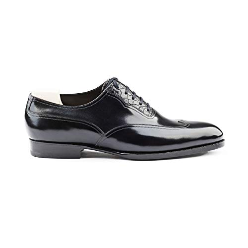 Costoso-Italiano-Goodyear-Welted-Wyre-Forest-Mens-Black-Leather-with-Croc-Print-Formal-Lace-Up-Toe-Cap-Wingtip-Oxford-Shoes-with-Violin-Leather-Sole