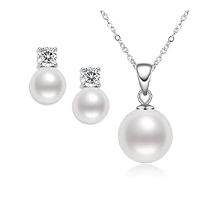 Cubic Zirconia & Freshwater Pearl Wedding Necklace and Earrings Jewelry Set, Birthday Christmas Gift for Mom Wife Bridesmaids Brides