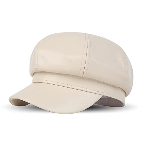 Image of iSWEVEN French Beret Cap All Season Unisex Artist Newsboy Hats, Ascot PU Leather British Style Adjustable Women's Caps (WBC8110, Free Size)
