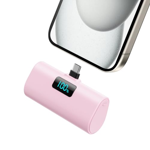 Batería Externa para iPhone Serie 15/16/17, 5200mAh USB C Power Bank Carga Rápida, Ultra-Ligera Batería Portátil con Pantalla LCD Mini Cargador Portátil para iPhone 17/16/15/15 Pro Max Samsung(Rosado)