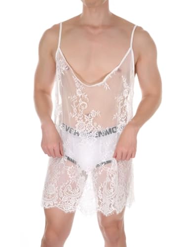 Mens Sissy Lingerie Crossdressing Nightwear Sheer Lace Mesh Nightdress Ruffle Nightgown