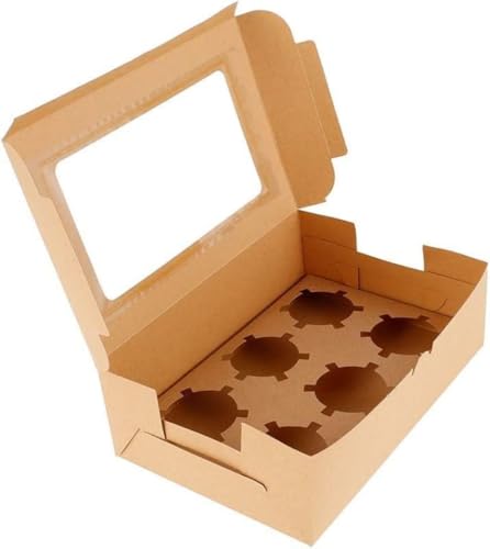 Vilom 10個入り カップケーキボックス 4/6/12穴 ベーカリーボックス ケーキカップ箱 組み立てが簡単 結婚式 誕生日 パーティー クリスマスギフト 持ち運びに便利 透明の窓付 包装用品 業務用 家庭用 (6穴,ブラウン)