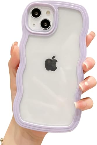 Image of MIDOS Back Cover Compatible with iPhone 15, Cute Curly Wave Frame Clear Case for Girls Women, Transparent Soft Silicone TPU Bumper Shockproof Protective Cover for iPhone 15 (Purple)