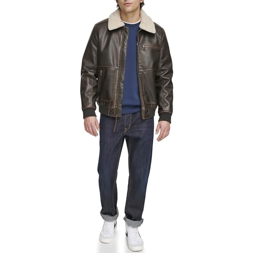 Image of Levi's Men's Faux Leather Aviator Bomber Jacket With Sherpa Collar