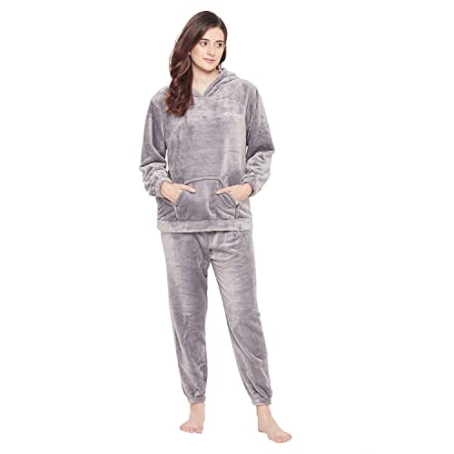 Image of CAMEY Women Winter Full Sleeve Top and Pajama Pants Regular Fit Night Suit Hooded Top and Pyjama Set Ladies Night Dress (Free Size, Grey)