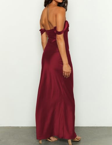 Image of Realtix Satin Off The Shoulder Strapless Bridesmaid Maxi Dress for Women | Elegant,Ruched,Backless,Long,Tube,Sleeveless,Bridesmaid,Wedding Guest,Evening,Cocktail Party,Semi Formal,Garden Party