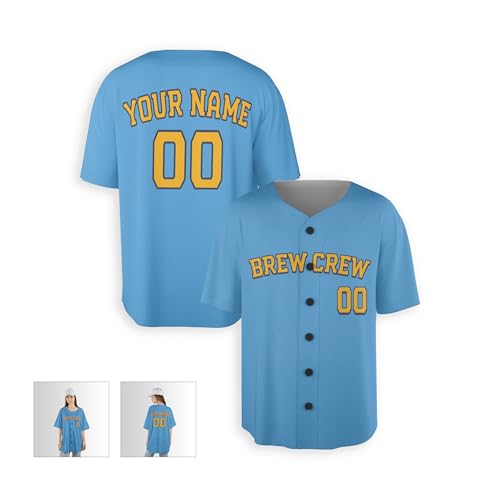 Camiseta personalizada de béisbol con impresión Brew Crew para hombre, mujer, juvenil, niños y bebés - Añade tu nombre y número - Opciones con y sin ribetes Celeste miniatura 5