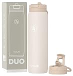 Fuel24 Duo - Stainless Steel Water Bottle 700ml or 1L - Vacuum Insulated Metal Flask with Straw (Dual use Lid) 1 Litre - for Sports, Gym, Work – Slim Design (Sand, 1000 ml)