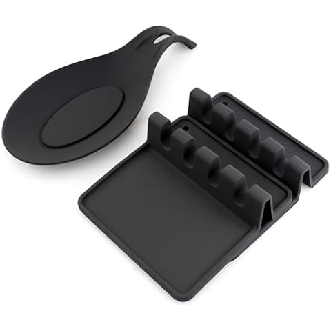 RUIQINQI Silicone Spoon Rest with Drip Pad,Grill Spoon Holder for Spatula, Ladle, Tongs, Kitchen Gadgets, and Cooking Accessories,BPA-Free & Heat Resistant Kitchen Utensils Holder (3, Black) Cover