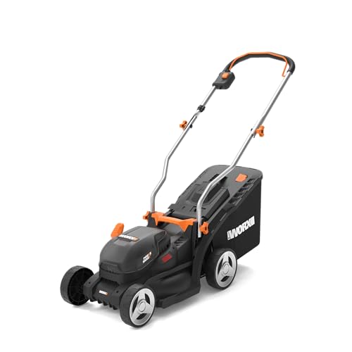 WORX Tondeuse à Gazon sans Fil 20V WG733E, Surface Maximum de 250 m², Lame de 33cm, bac de 35L, Coupe jusqu'aux Bordures, 6 Hauteurs de Coupe, poignée Pliable, Une Batterie 4Ah et Chargeur Rapide
