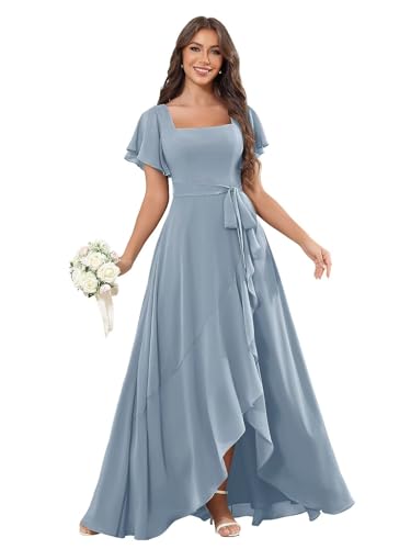 Sukleet Flutter Sleeve Ruffle Bridesmaid Dresses for Women Square Neck A Line Chiffon Formal Party Dress