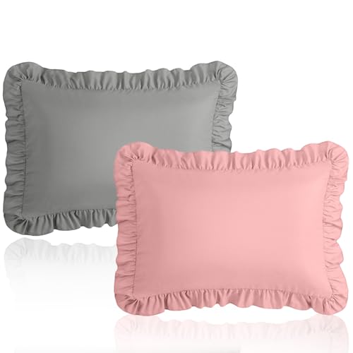 Image of 13 inchx18 inch Toddler Pillow Cases Set of 2, Dark Gray & Pink Ruffled Pillow Shams Brushed Microfiber Nursery Pillow Cover for Boys Girls, Soft Breathable Machine Washable
