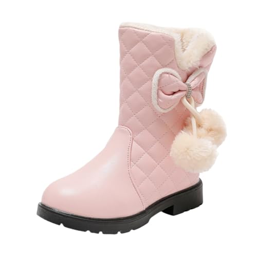 Girls Winter Mid-Calf Leather Warm Fur Boots Bowknot Rhinestone Princess Booties