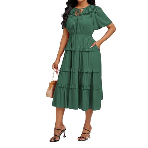 Image of Women's Short Sleeve Summer Boho Pleated Rayon Mid Dresses with Pockets for Wedding Guest