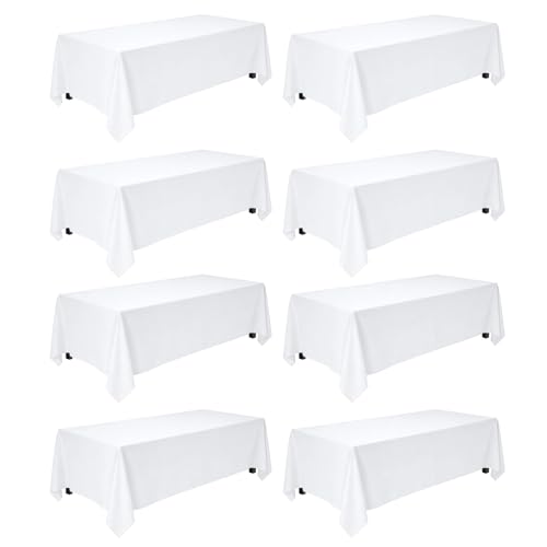 8 Pack White Table Cloth 90x132 Inch Rectangle Tablecloths for 6 Foot Rectangle Tables, Wrinkle Resistant Washable Polyester Fabric Rectangular Table Cover for Dining Banquet Wedding Party