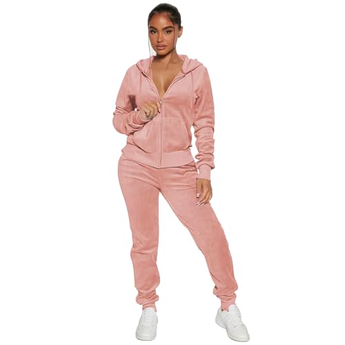 yidengymx Chándal de terciopelo de 2 piezas para mujer, con capucha de terciopelo suave para mujer, Sudadera con capucha/pantalones deportivos, color rosa melocotón, Large